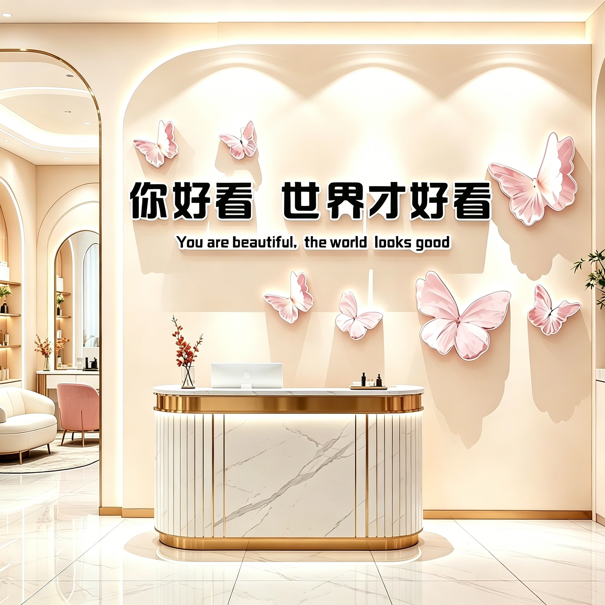 网红打卡美容院甲店氛围布置高级感进门形象墙面3d立体蝴蝶装饰画
