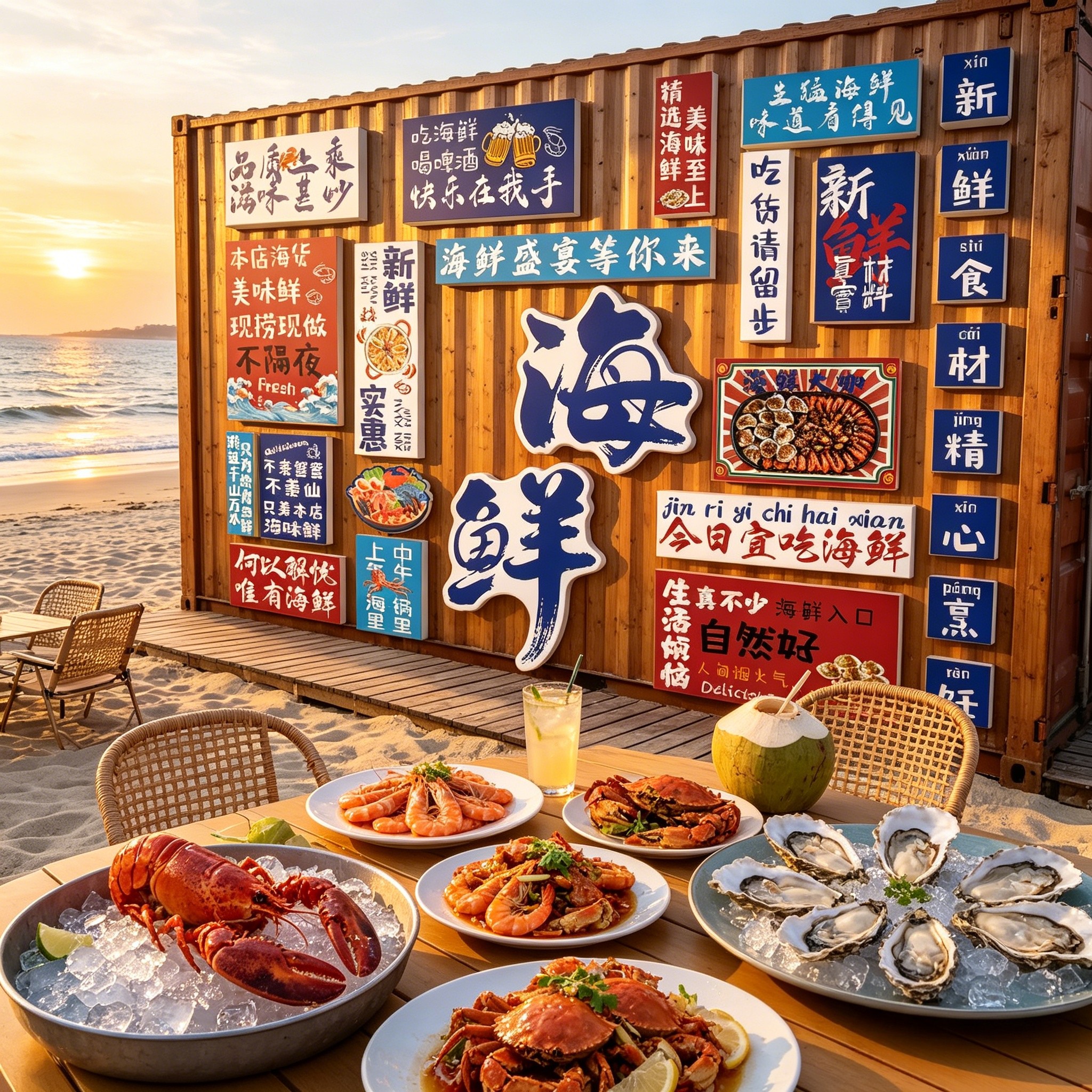 网红打卡海鲜饭店墙面装饰广告牌报墙贴纸挂画大排档直播场景布置
