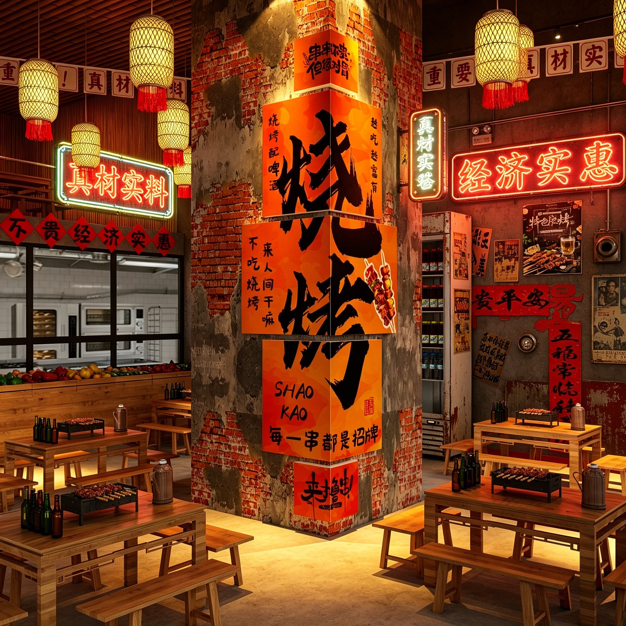 网红烧烤店广告贴纸酒吧装饰品场景布置饭馆氛围柱子打卡餐饮文化