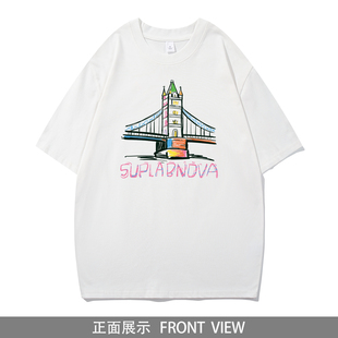 SuplaBnova 个性塔桥元素印花情侣短袖T恤夏款纯棉简约男女打底衫