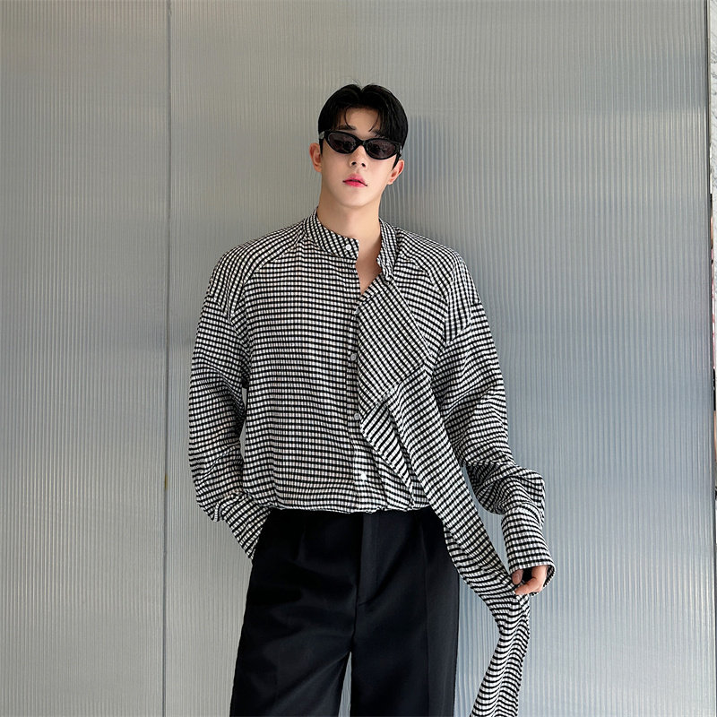 时髦格子衬衫棉麻弹性休闲飘带衬衣男女同款潮P85，男装衬衫，星座1111（原C206）