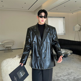 韩版鳄鱼皮纹垫肩亮皮西装皮衣黑红两色潮流痞帅西装外套P155，男装西服套装，星座1111（原C206）
