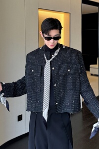 小众高级感定制丝巾飘带粗呢小香风外套潮男女同款P155图片