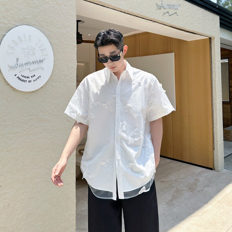 25新款原创设计真两件蝴蝶网纱衬衫立体蝴蝶短袖衬衫男女同款P95,男装T恤,星座1111（原C206）