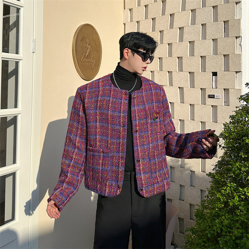 小香风复古圆领紫色粗花呢夹克外套男女同款金属爱心装饰P185,男装夹克,星座1111（原C206）