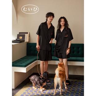 日本むいひ轻奢 短裤 情侣睡衣女款 冰丝绸短袖 家居服男高级 夏季