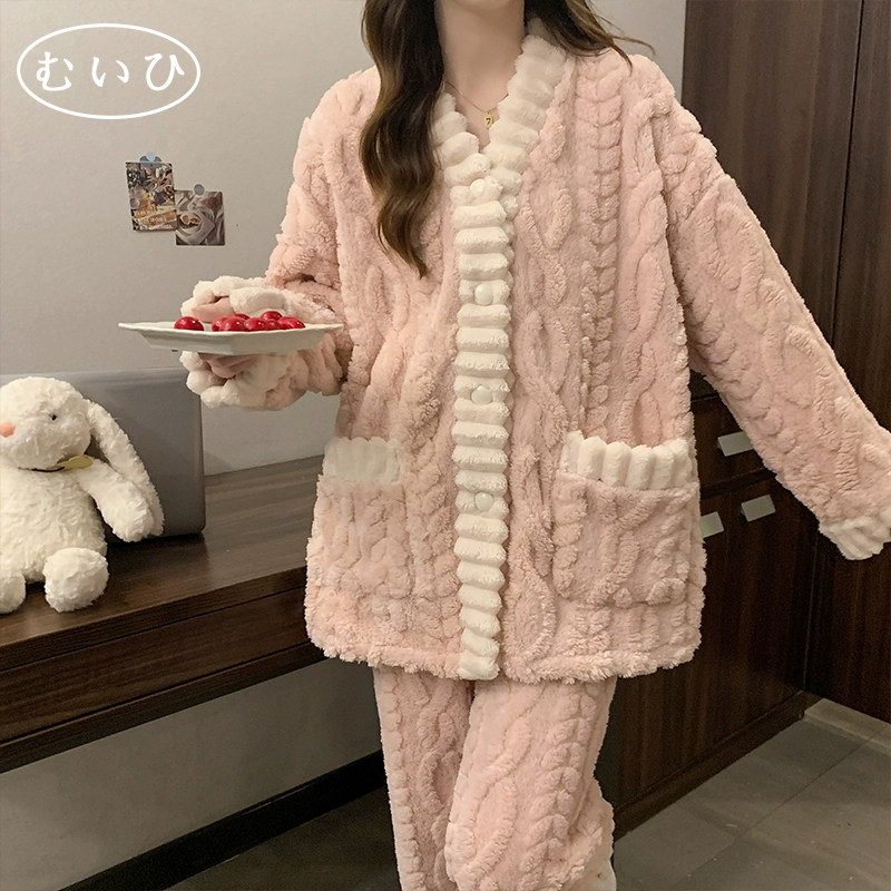 【日本むいひ轻奢】珊瑚绒睡衣女秋冬季加绒加厚麦穗绒粉色家居服