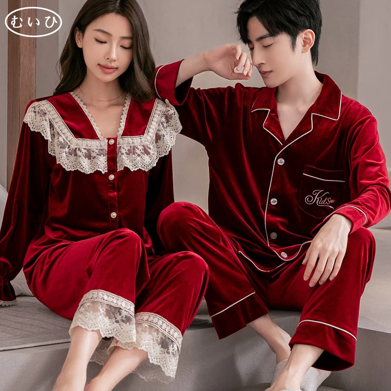 【日本むいひ轻奢】情侣金丝绒睡衣女高级感丝绒秋冬男家居服套装