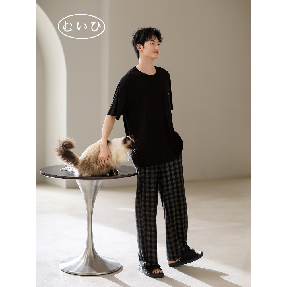 【日本むいひ轻奢】睡衣男士夏莫代尔长裤格子休闲套装家居服短袖