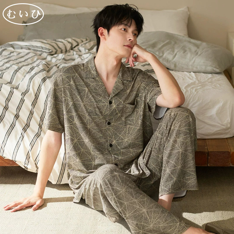 【日本むいひ轻奢】男士夏季薄款短袖超柔软家居服套装冰丝睡衣男