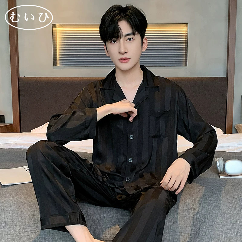 【日本むいひ轻奢】加大夏季冰丝睡衣男春秋长袖大码宽松薄款套装