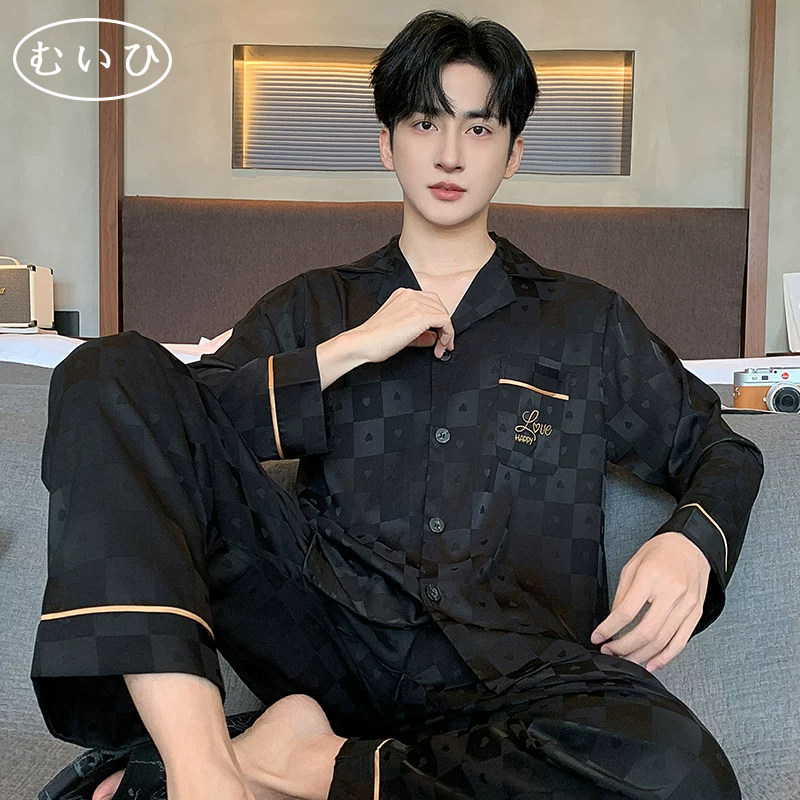 【日本むいひ轻奢】冰丝睡衣男夏季春秋薄款加大码长袖套装家居服