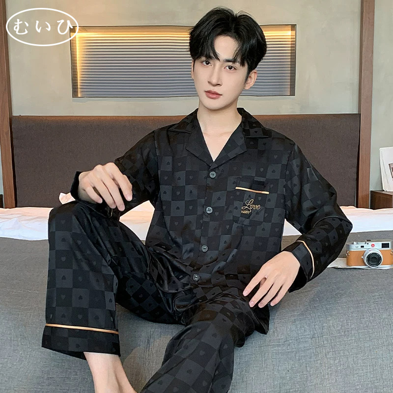 【日本むいひ轻奢】冰丝睡衣男夏季春秋薄款套装家居服加大码长袖