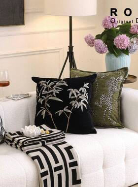 新中式刺绣竹档纹抱枕绿色系组合高靠民宿靠垫客枕厅沙发TEC抱枕