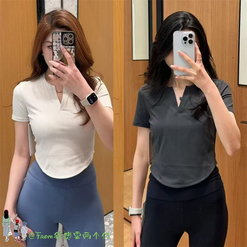 上新~Ribbed螺纹短款V领开口短袖