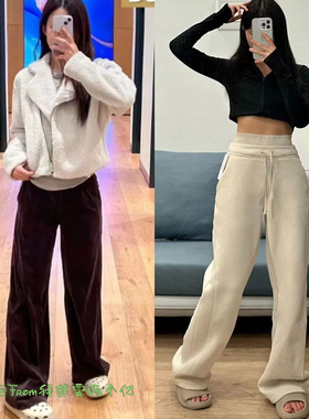 新品~From双层腰加绒保暖Plush Flce高腰运动直筒阔腿长裤女 冬