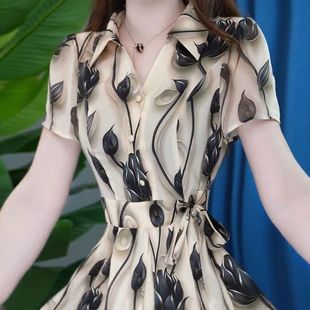 短袖 时尚 连衣裙 新款 气质收腰显瘦不规则印花减龄裙子女2026年夏季