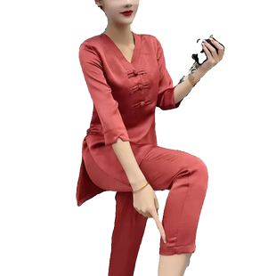 2026夏季新款中式短袖套装女气质显瘦国风盘扣上衣小脚裤子两件套