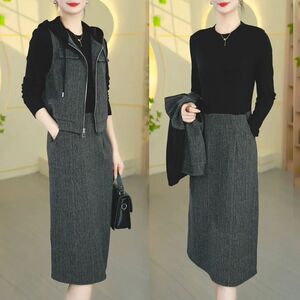 2026秋季新款时尚轻奢套装女撞色拼接打底连衣裙+连帽马甲两件套