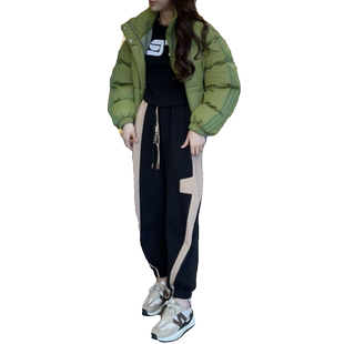 2025秋冬加绒运动休闲套装女新款韩版小个子宽松棉服束脚裤两件套