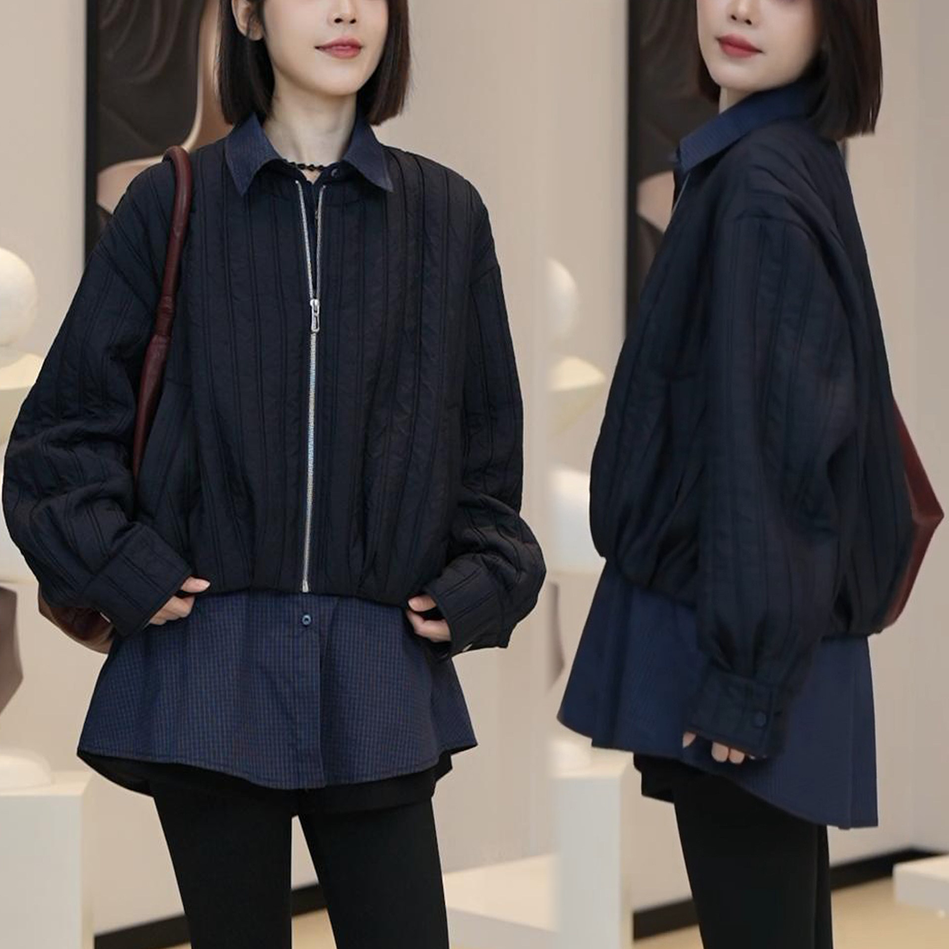 秋冬季新款时尚显瘦休闲棉衣女中长款假两件翻领拼接格子棉服外套