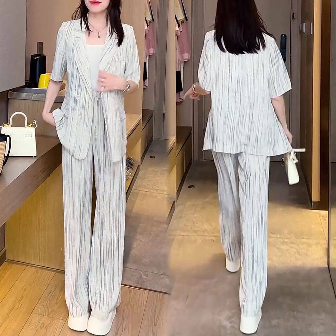 2025夏新款印花西装阔腿裤子两件套女小个子气质宽松显瘦薄款套装,女装/女士精品,时尚套装,淘宝优惠券,粉丝福利购,淘宝优惠卷