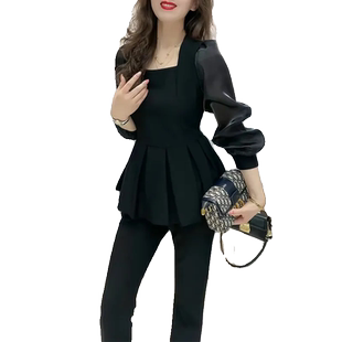 时尚高级感套装女2025早春新款修身显瘦泡泡袖上衣微喇裤两件套潮