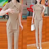 气质显瘦国风盘扣套装 条纹短袖 新款 休闲两件套2026夏季 上衣喇叭裤