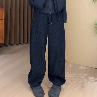 时尚 宽松显瘦阔腿裤 加绒加厚直筒休闲长裤 新款 子 女2025秋冬季 大码