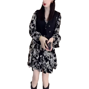 2026年秋季新款时尚气质显瘦套装女马甲搭配印花连衣裙休闲两件套