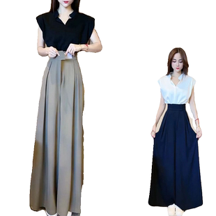 2026夏季新款时尚气质显瘦套装女立领飞飞袖上衣阔腿裤长裤两件套