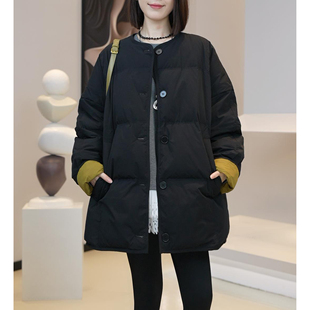 冬季新款抽绳设计感中长款棉袄外套时尚洋气拼接宽松显瘦棉服棉衣