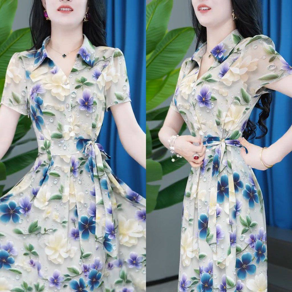2025年夏季新款时尚短袖连衣裙女气质收腰显瘦中长款印花休闲裙子,女装/女士精品,连衣裙,淘宝优惠券,粉丝福利购,淘宝优惠卷