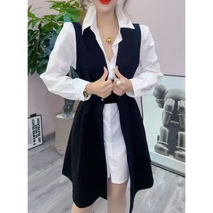 新款小个子洋气显瘦收腰衬衫马甲两件套女2025早春时尚长袖套装潮