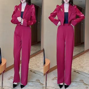 气质显瘦拼接外套垂感阔腿裤 时尚 新款 女2025春季 两件套潮 西服套装