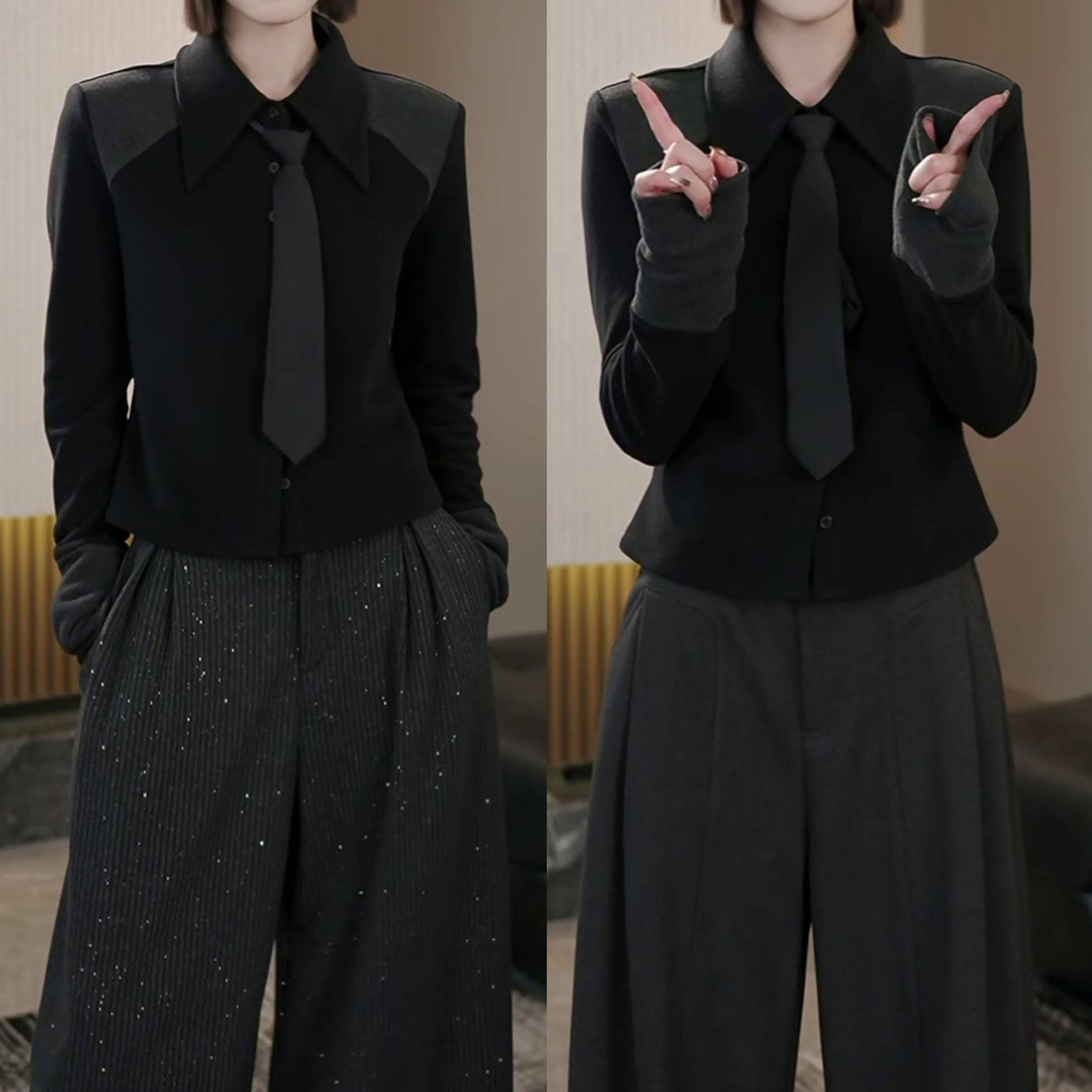 韩版时尚高级百搭长袖衬衫2025秋冬新款小众拼接设计领带打底上衣,女装/女士精品,衬衫,淘宝优惠券,粉丝福利购,淘宝优惠卷