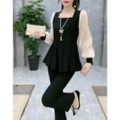 时尚 上衣微喇裤 爆款 女气质显瘦拼接泡泡袖 两件套 套装 2026早春新款