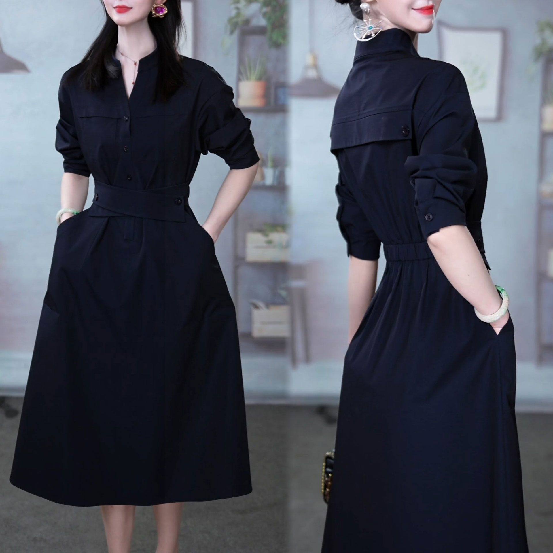 高端设计感长袖连衣裙2025春季新款时尚洋气系带收腰显瘦工装裙子,女装/女士精品,连衣裙,淘宝优惠券,粉丝福利购,淘宝优惠卷