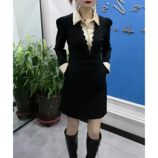 新款加绒加厚时尚拼接中长款裙子2025秋冬小个子衬衫领连衣裙女潮