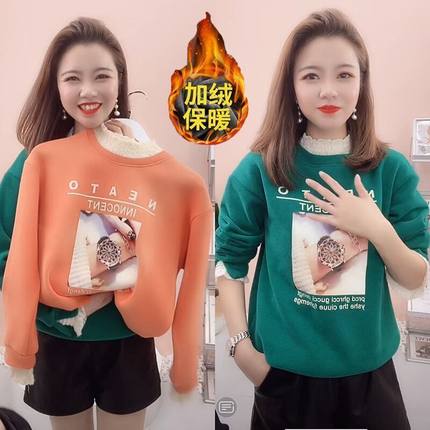 加绒加厚假两件卫衣女韩版半高领蕾丝拼接宽松休闲保暖套头上衣潮