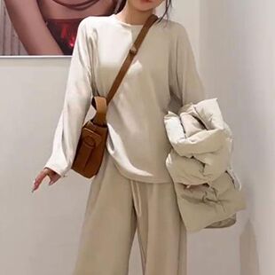 子两件套 洋气套头圆领上衣裤 慵懒风纯色气质穿搭2025秋冬新款 时尚
