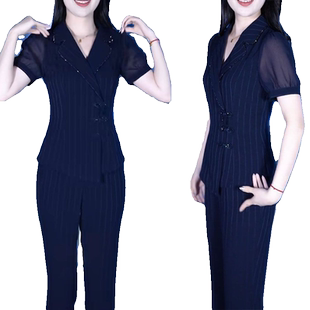 雪纺拼接盘扣短袖上衣直筒裤两件套女2026夏新款中式气质显瘦套装