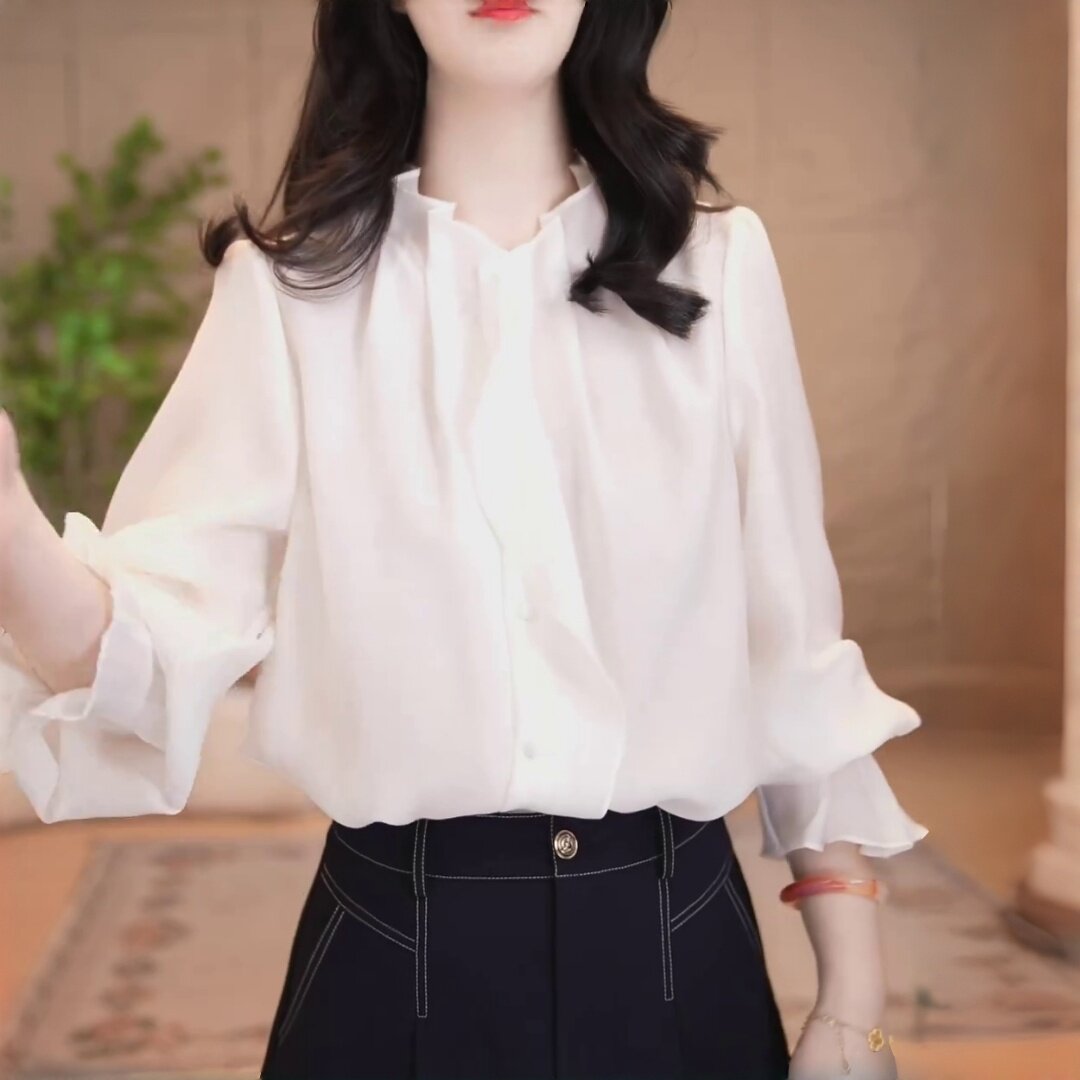 法式温柔白色木耳边立领长袖衬衫女早秋新款韩版显瘦百搭正肩上衣