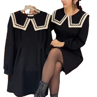 大码法式长袖连衣裙女秋冬新款洋气宽松显瘦海军领中长款打底裙子