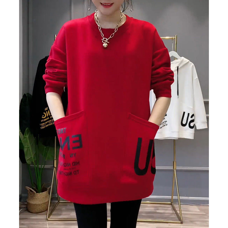 时尚大码休闲洋气上衣女2025早春新款宽松显瘦百搭双口袋圆领卫衣