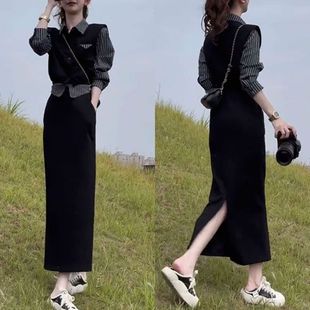 时尚小个子显瘦套装女2025秋新款假两件条纹衬衫马甲两件套