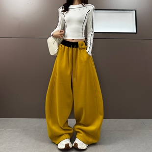 子腰头立体剪裁宽松休闲拖地裤 2025秋冬新款 百搭拼色裤 时尚 女 韩版