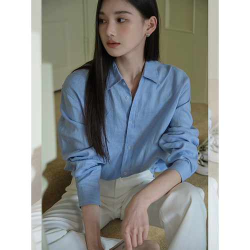且可ChillCozy 马德里1OO天然亚麻双版COZY直筒长袖翻领衬衫女春