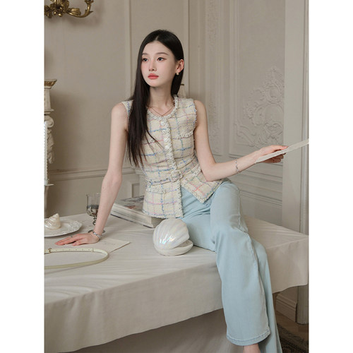 且可ChillCozy 古堡小香 重工编织珍珠边方领无袖小香风外套女夏