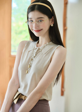 且可ChillCozy 樱兰 精纺100棉羊毛百搭无袖上衣POLO领针织衫女秋